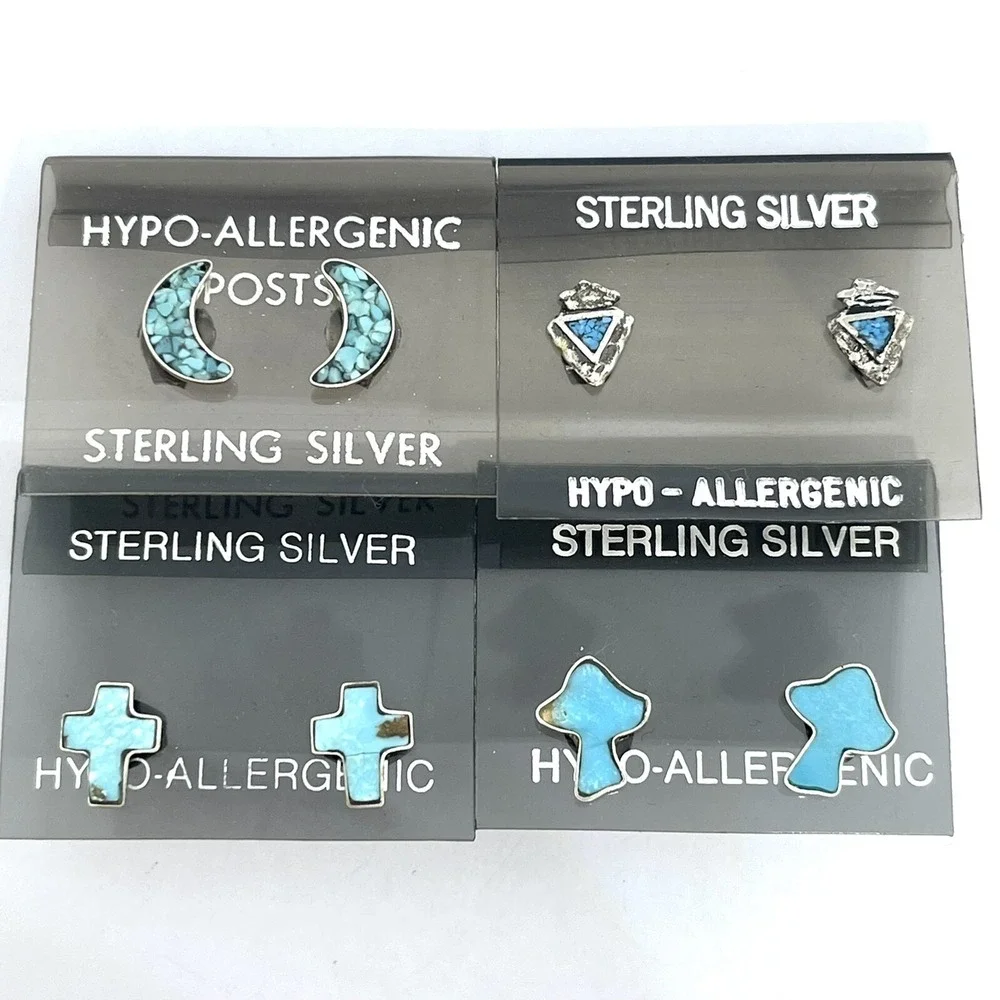 VTG Navajo Turquoise Stud Earring Lot‎ 4 Pair Arrowhead Moon Cross Sterling 925